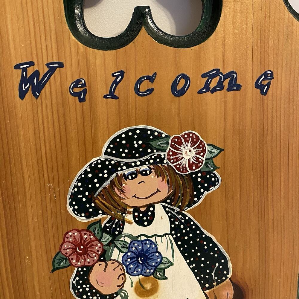 Y2K 2000s Original Art Hand Painted Girl w/ Flowers Welcome Sign Wall Decor - Picture 2 of 8